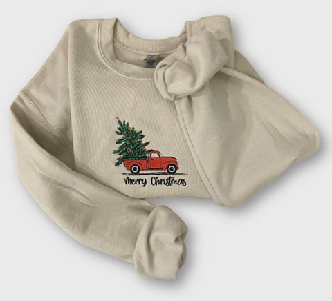Christmas Tree Truck Embroidered Sweatshirt 2D Crewneck Sweatshirt All Over Print Sweatshirt For Women Sweatshirt For Men SWS5179