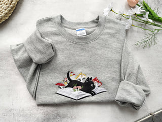 Cute Black Cat Embroidered Sweatshirt 2D Crewneck Sweatshirt All Over Print Sweatshirt For Women Sweatshirt For Men SWS28231