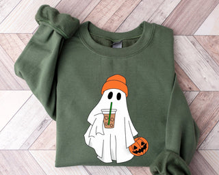 Cute Ghost Drinking Coffee Embroidered Sweatshirt 2D Crewneck Sweatshirt All Over Print Sweatshirt For Women Sweatshirt For Men SWS2534