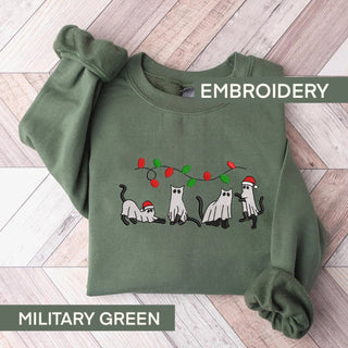 Funny Christmas Cat Embroidered Sweatshirt 2D Crewneck Sweatshirt All Over Print Sweatshirt For Women Sweatshirt For Men SWS5186