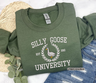 Silly Goose University Embroidered Sweatshirt 2D Crewneck Sweatshirt All Over Print Sweatshirt For Women Sweatshirt For Men SWS2783