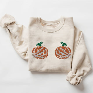 Skeleton Pumpkin Hands Halloween Embroidered Sweatshirt 2D Crewneck Sweatshirt All Over Print Sweatshirt For Women Sweatshirt For Men SWS3127