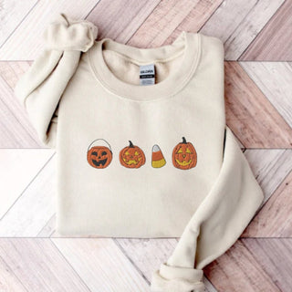 Candy Corn and Pumpkin Embroidered Halloween Sweatshirt Crewneck Sweatshirt All Over Print Sweatshirt For Women Sweatshirt For Men SWS2610