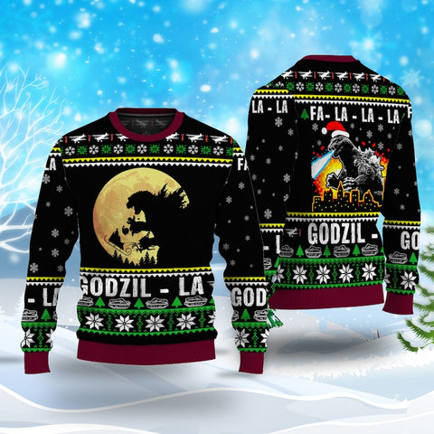 Christmas Gift For Men Women Kid, Casual Sweater, Christmas Gift, Godzilla Fa La La La Christmas Ugly Sweater