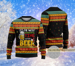 Beer Ugly All Over Print Sweater, It's The Most Wonderful Time For A Beer Christmas Sweater, Beer Lover Gifts, Holiday Drinking Xmas Sweater