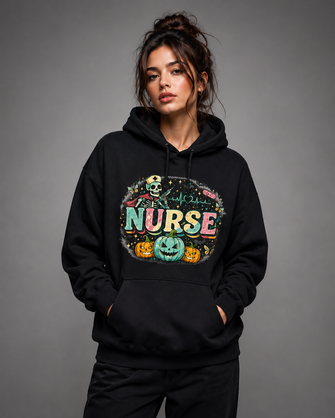 Nurse Halloween Custom Name Hoodie Vintage Pumpkin Skeleton