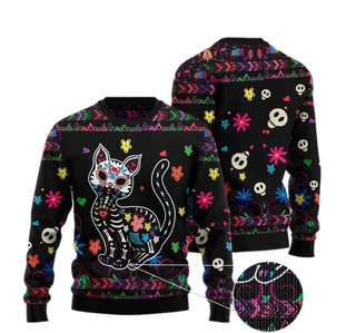 Sugar Skull Cat Pattern Ugly Christmas Sweater For Men & Women Christmas Gift Sweater US1040